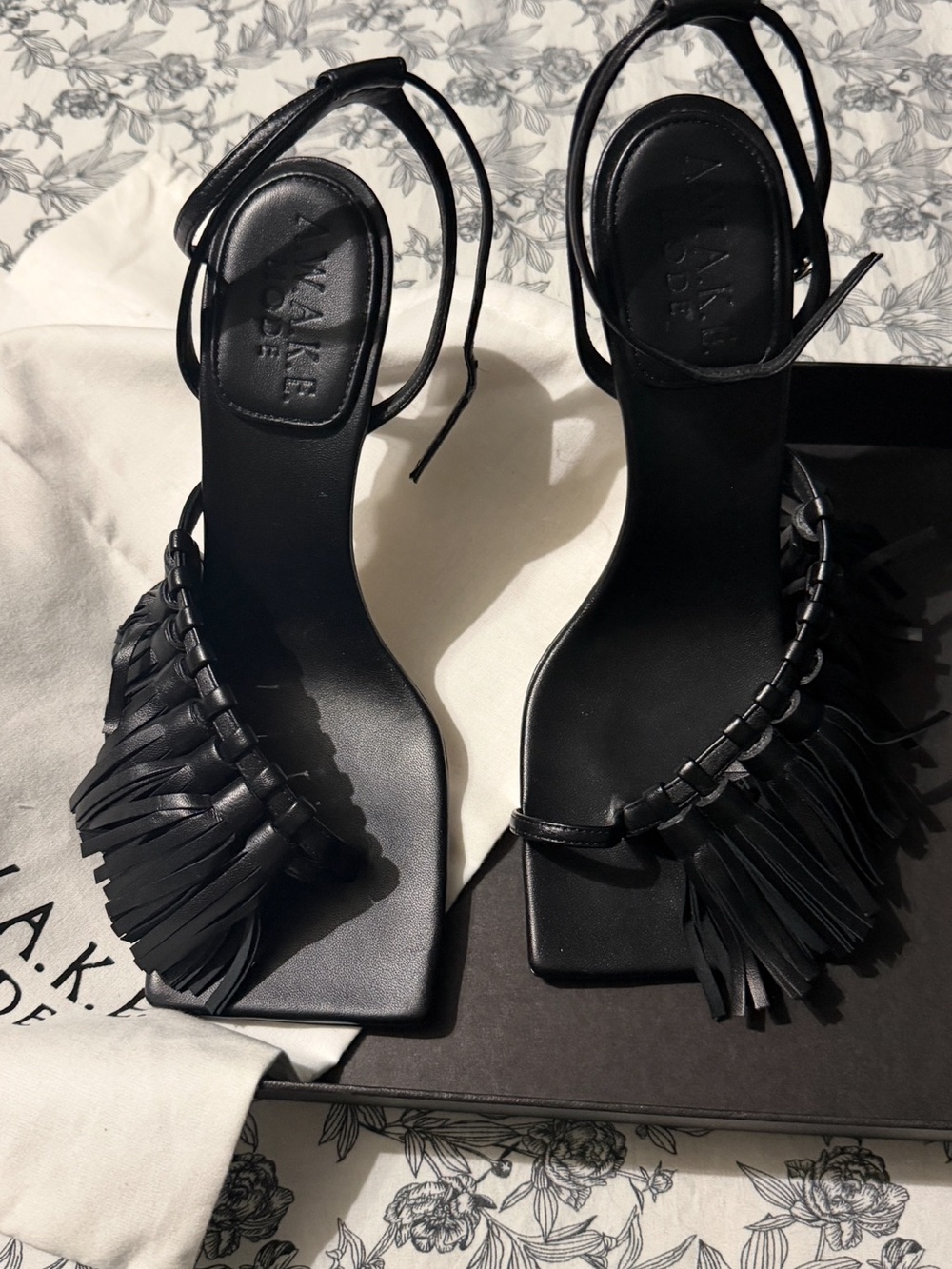 Fringed Ankle-Tie Heels in Black